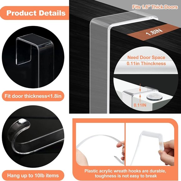 New 2pc pack 12" Clear Wreath-Hanger Non Scratch Over The Door Hooks - Picture 3 of 9